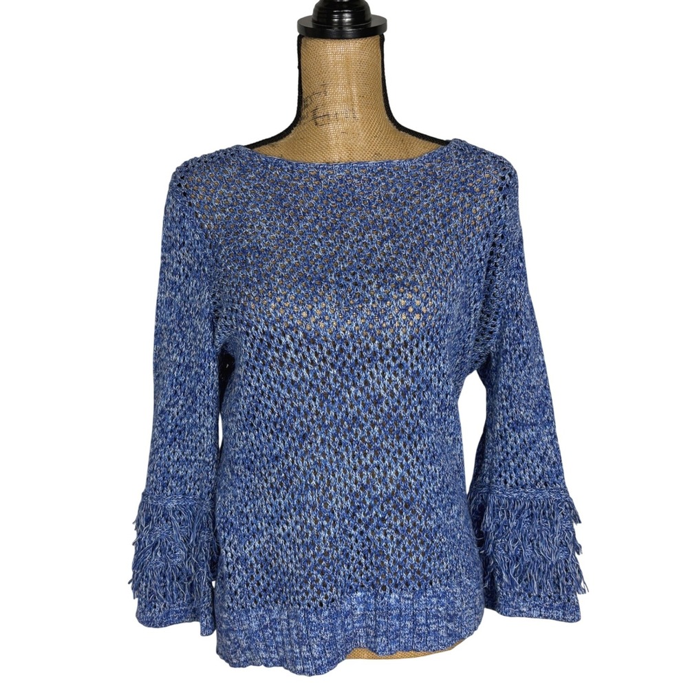 Tyler Boe Fringe Bell Sleeve Sweater Blue Open‎ Knit Cotton Coastal Size Medium